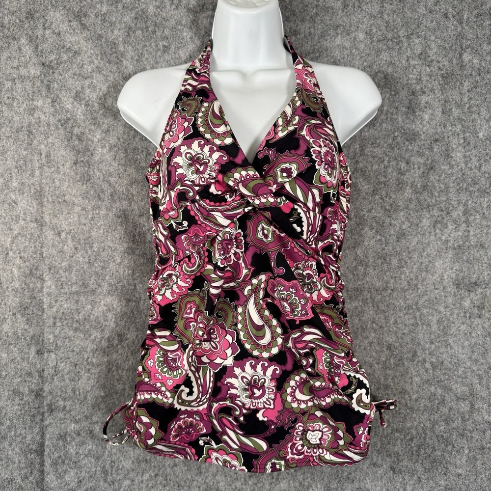 Lands End Tankini Swim Top Womens Size 6 Purple Paisley Halter Babydoll Wrap